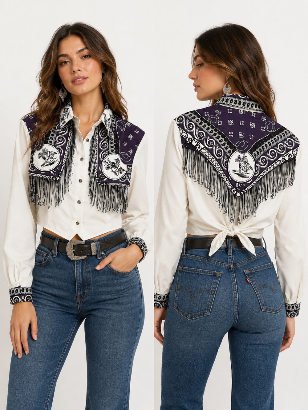 Vintage Roughrider by Circle T Western Fringe Cropped Purple Paisley Cowgirl USA